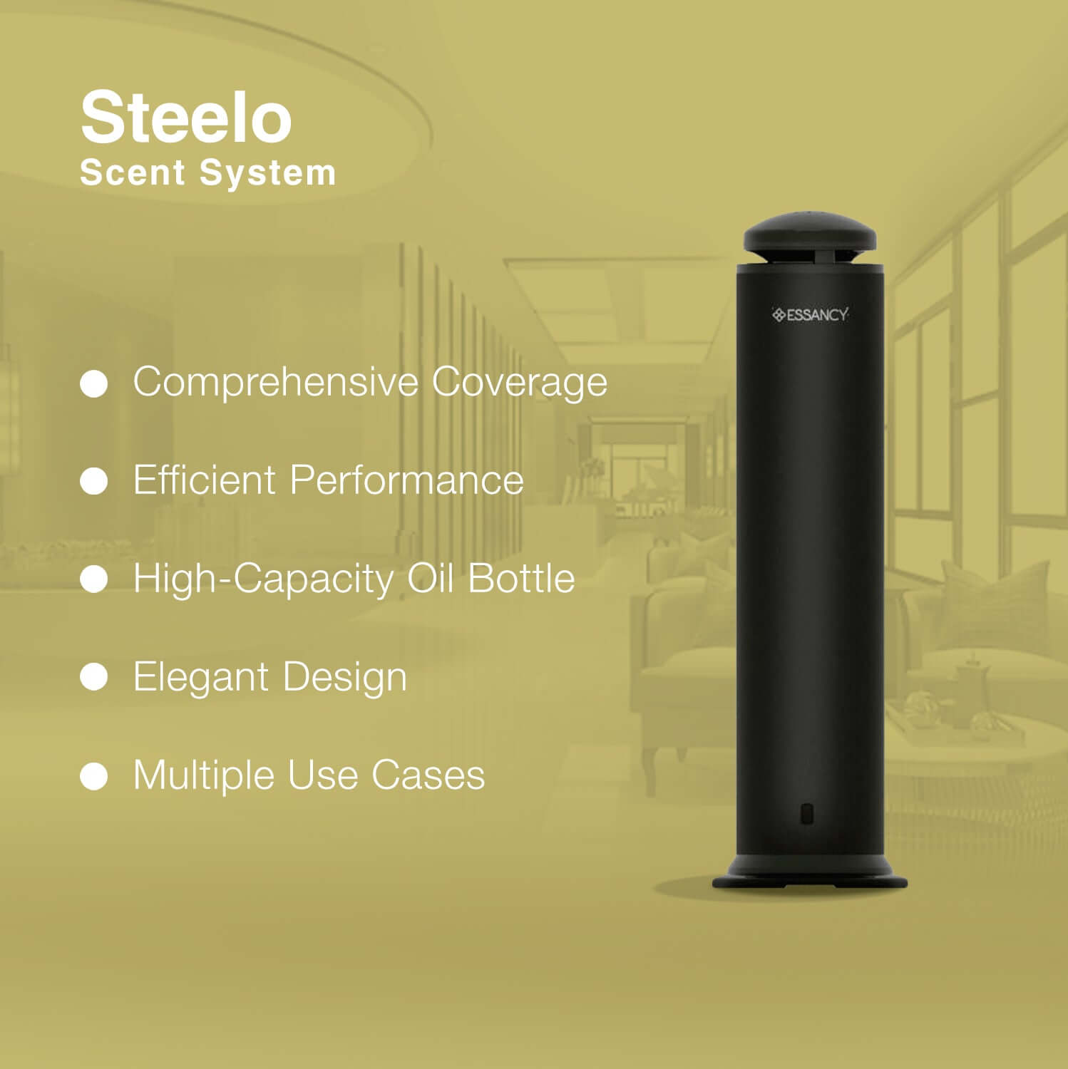 Black Steelo Scent System with features listed on a blurred indoor background