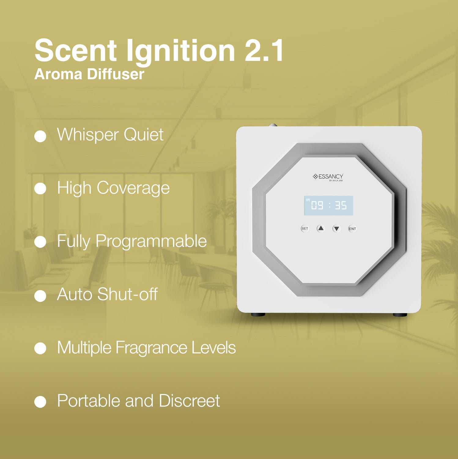 Aroma diffuser with features listed on a green background