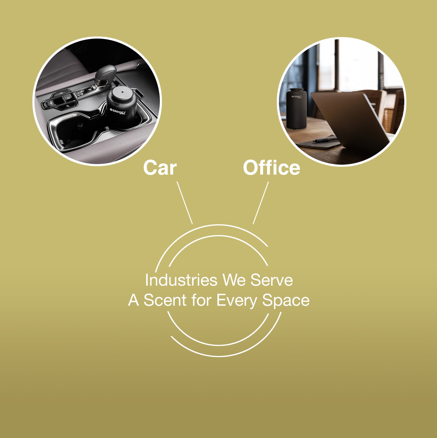 Advertisement for a product or service with images of a car interior and office setting on a green background.