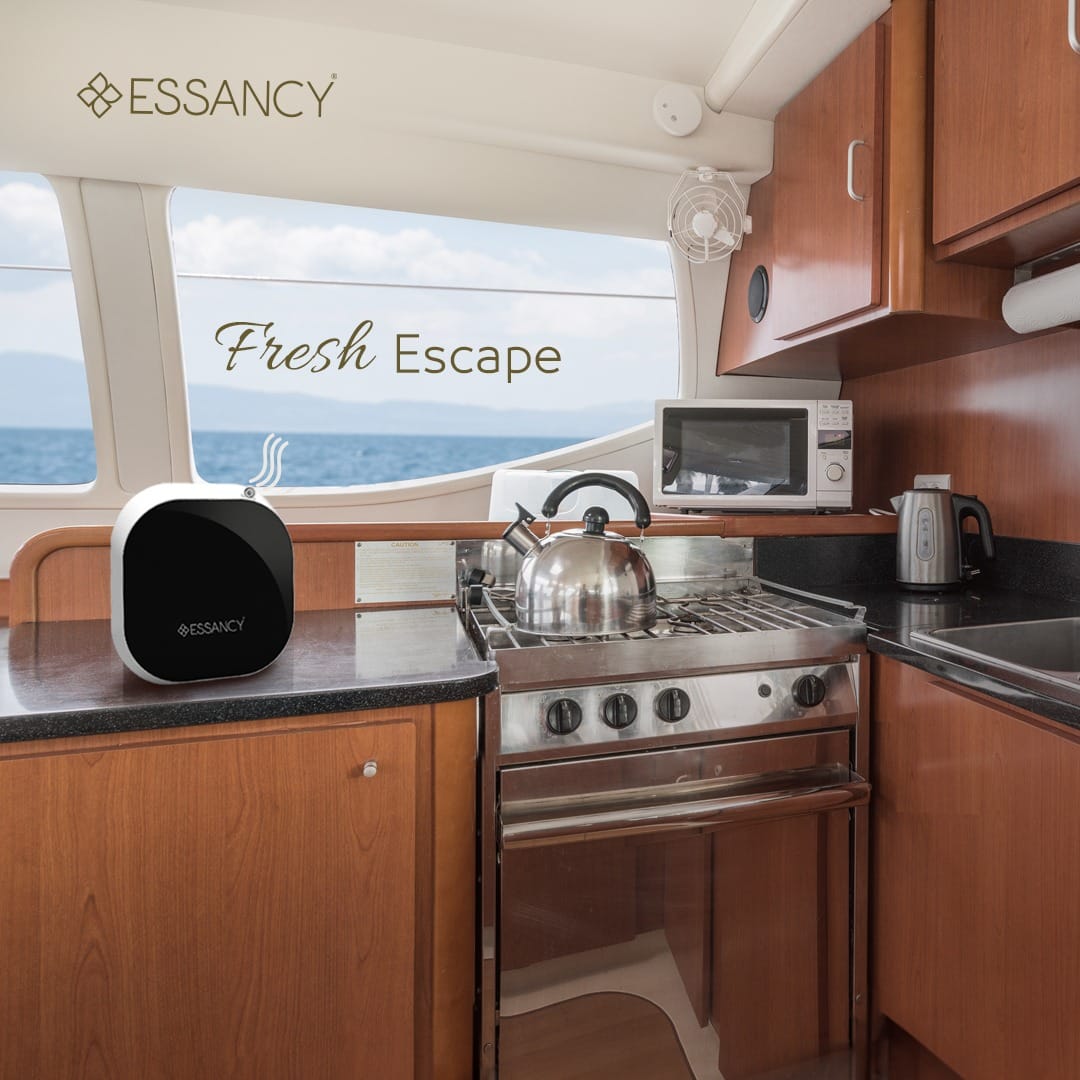 Camper kitchen with Essancy product, featuring ocean view