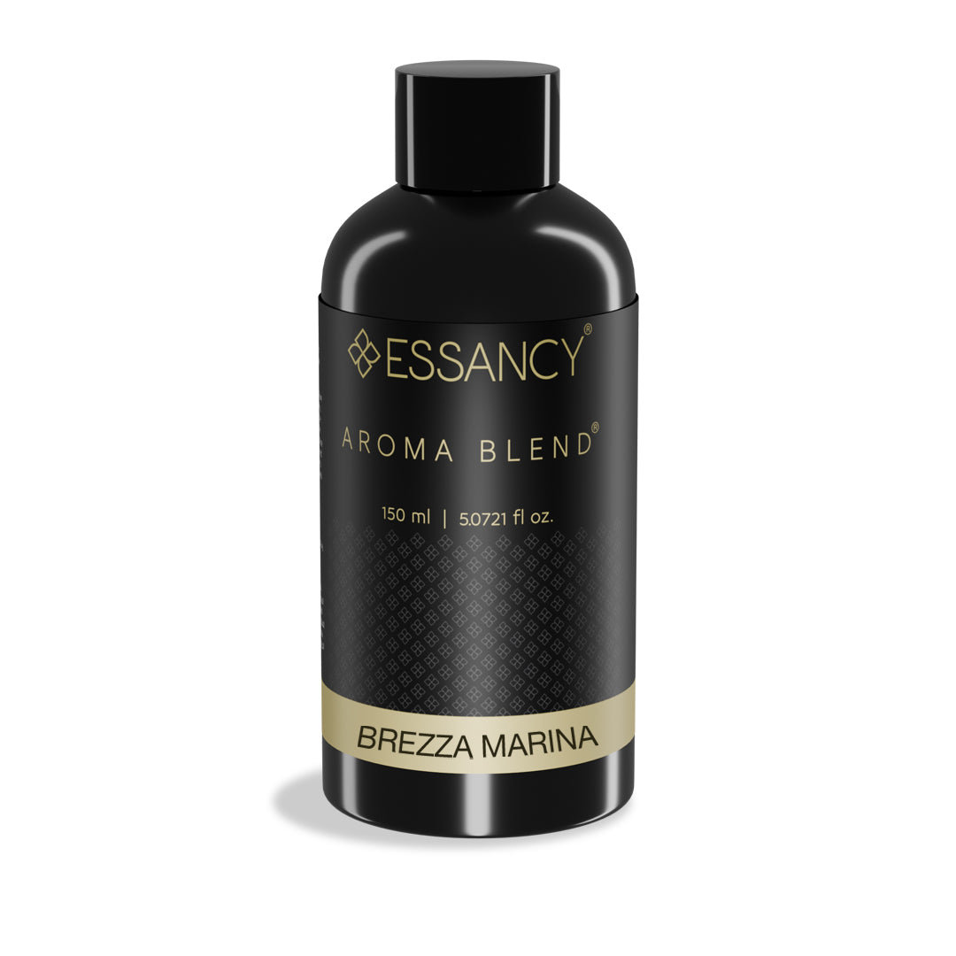 Black bottle of Essancy Aroma Blend Brezza Marina on a white background