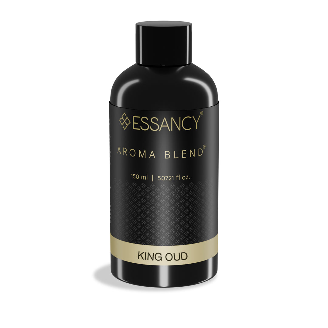 Black bottle of Essancy Aroma Blend King Oud on a white background