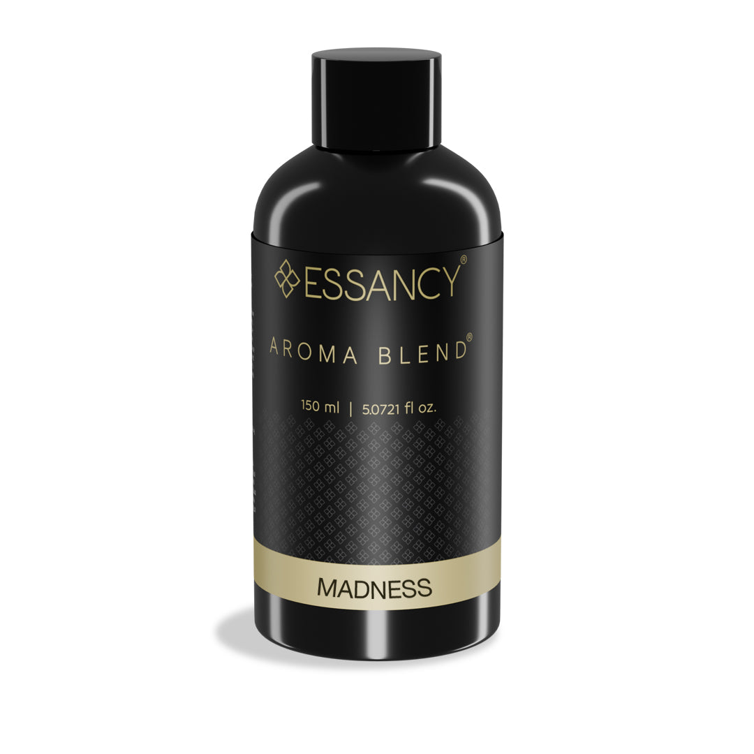 Black bottle of Essancy Aroma Blend 'Madness' on a white background