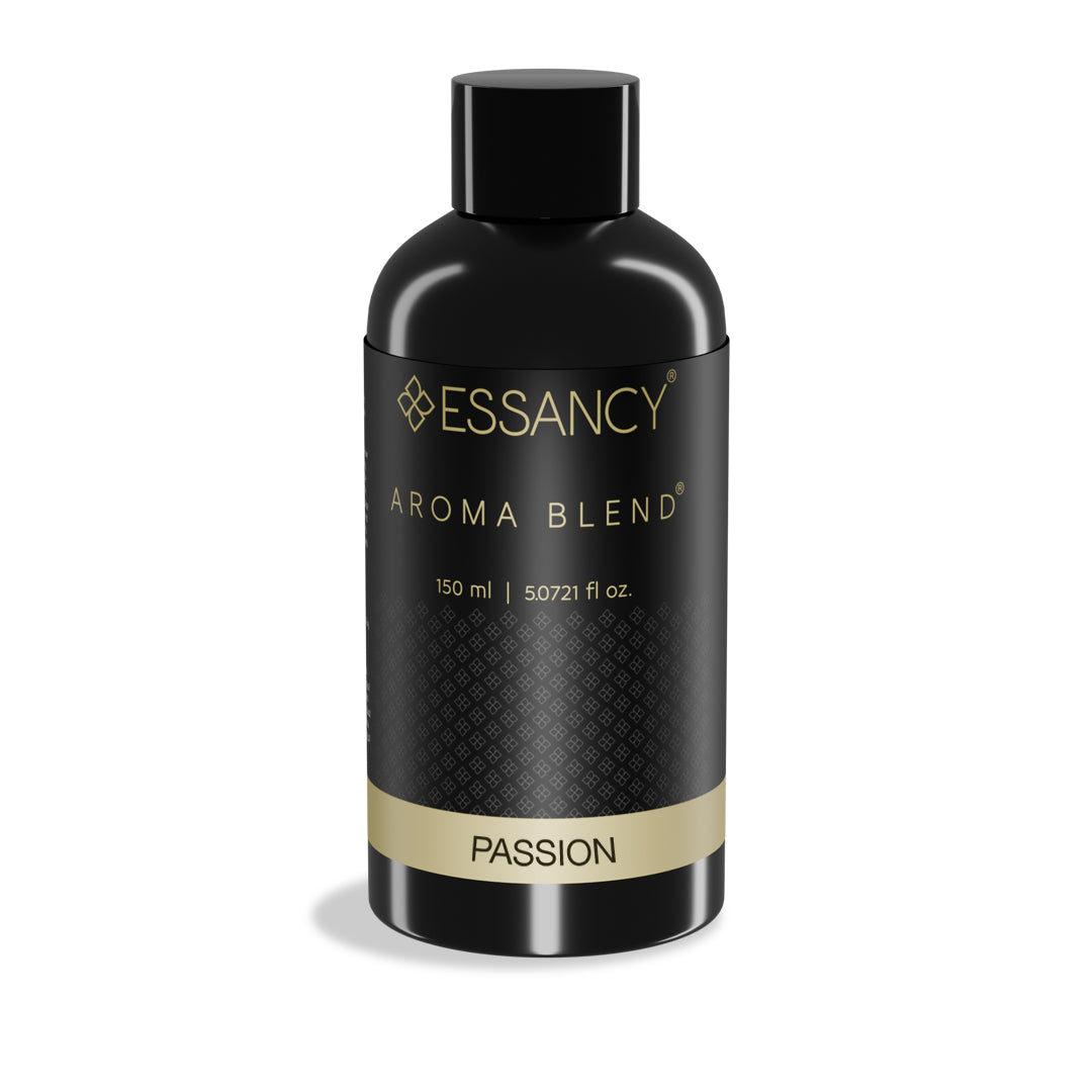 Black bottle of Essancy Aroma Blend Passion on a white background