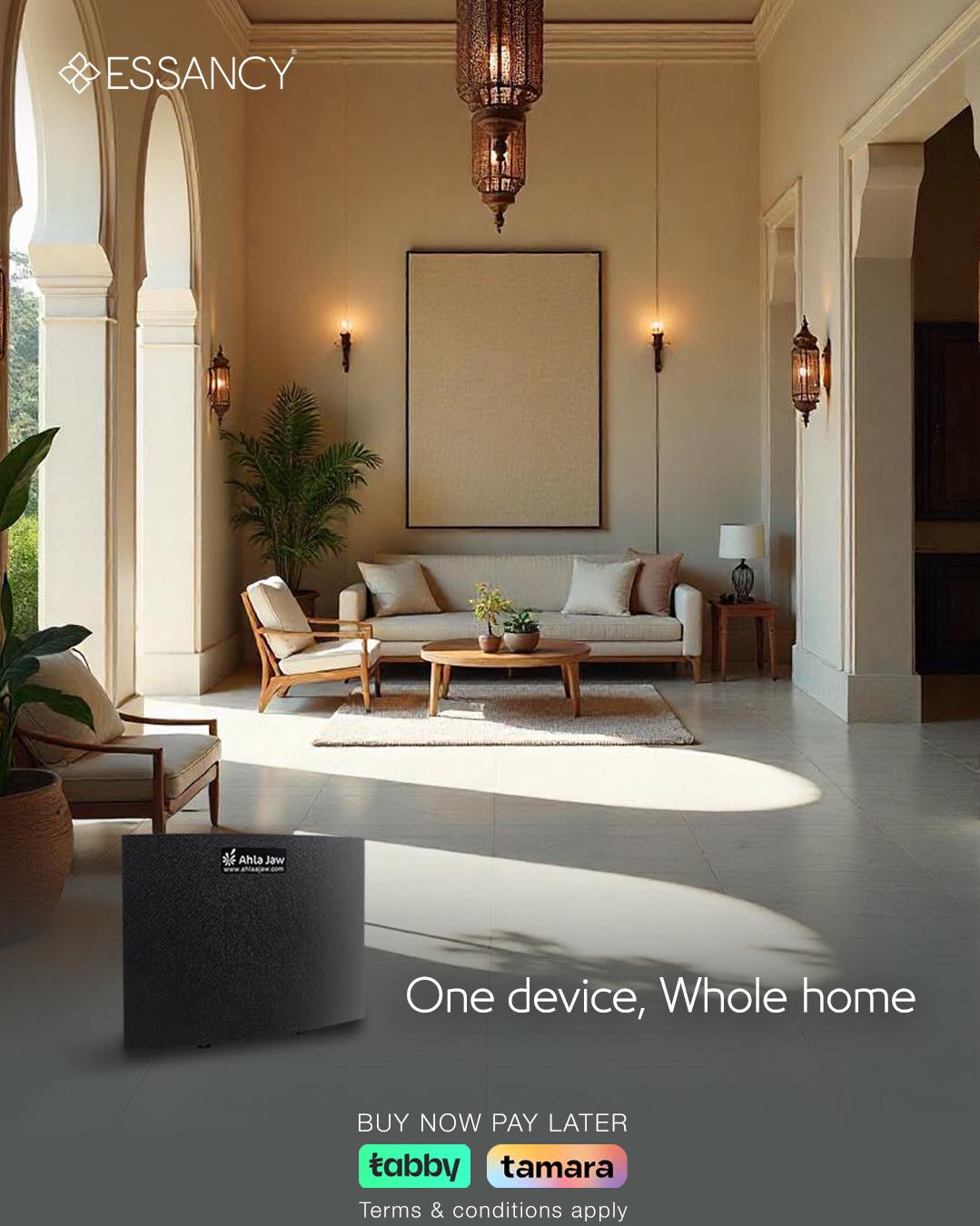 Modern living room with Essancy air purifier and 'One device, Whole home' text.