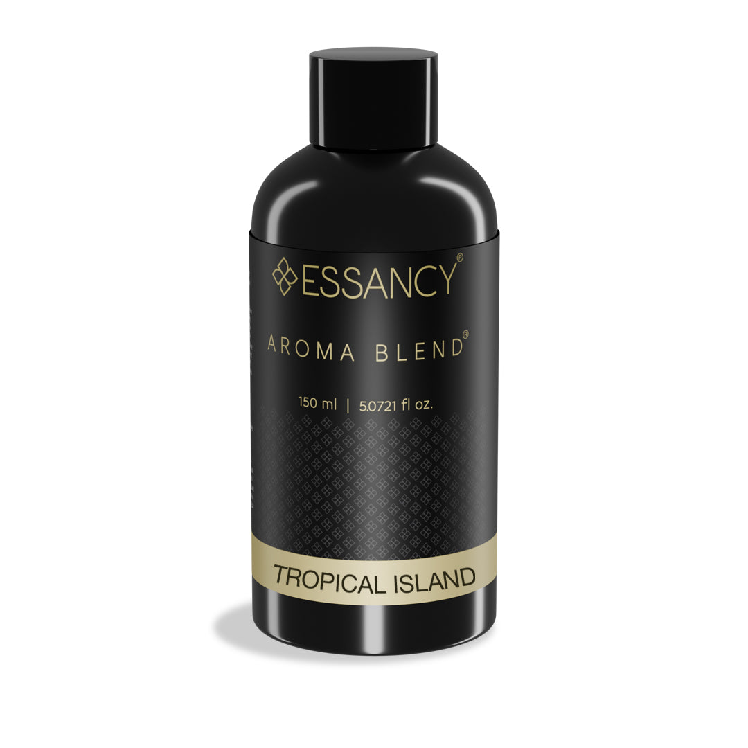 Black bottle of Essancy Aroma Blend Tropical Island on a white background