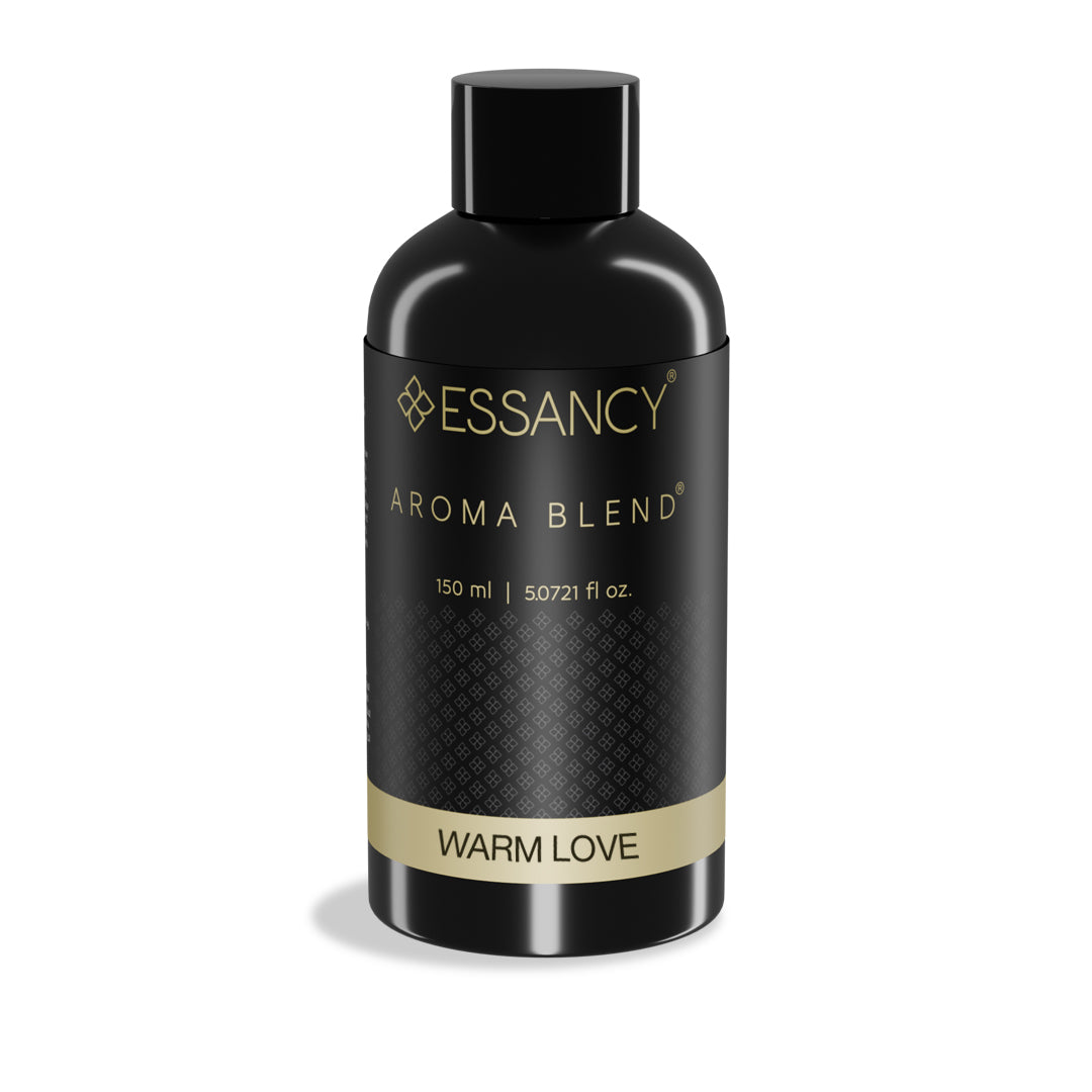 Black bottle of Essancy Aroma Blend Warm Love on a white background