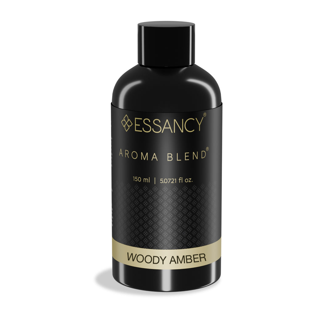 Black bottle of Essancy Aroma Blend Woody Amber on a white background
