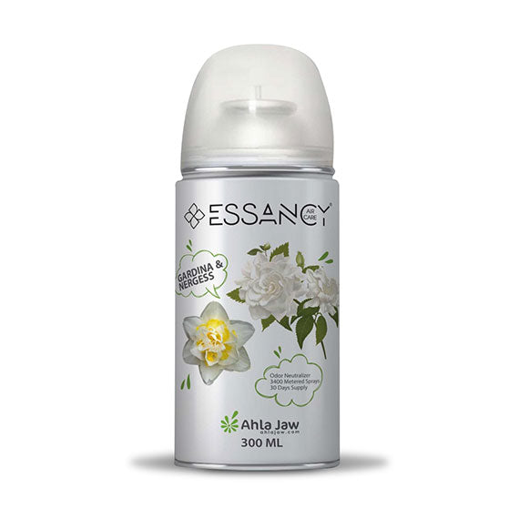 Essancy deodorant spray bottle with floral design on a white background