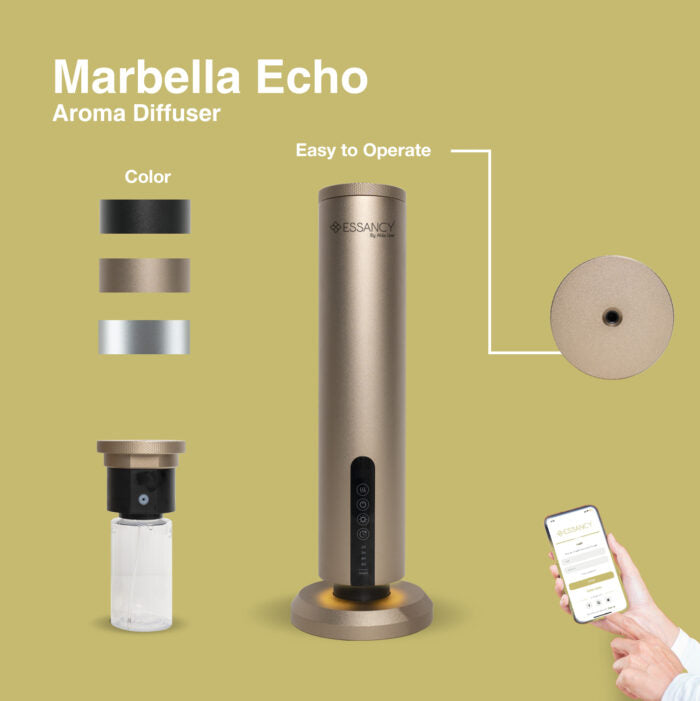 Marbella Echo Aroma Diffuser with color options and smartphone app on a green background
