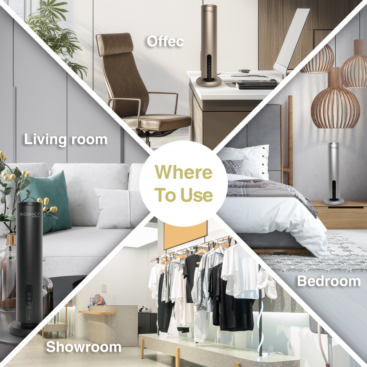 Collage of different rooms with furniture and decor, labeled 'Living room', 'Bedroom', 'Showroom', and 'Office'.