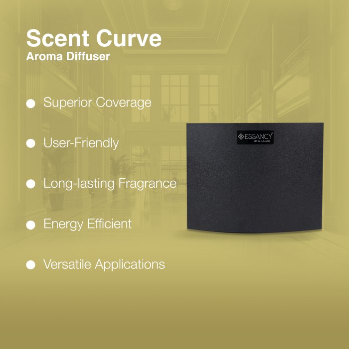 Scent Curve Aroma Diffuser with features listed on a green background