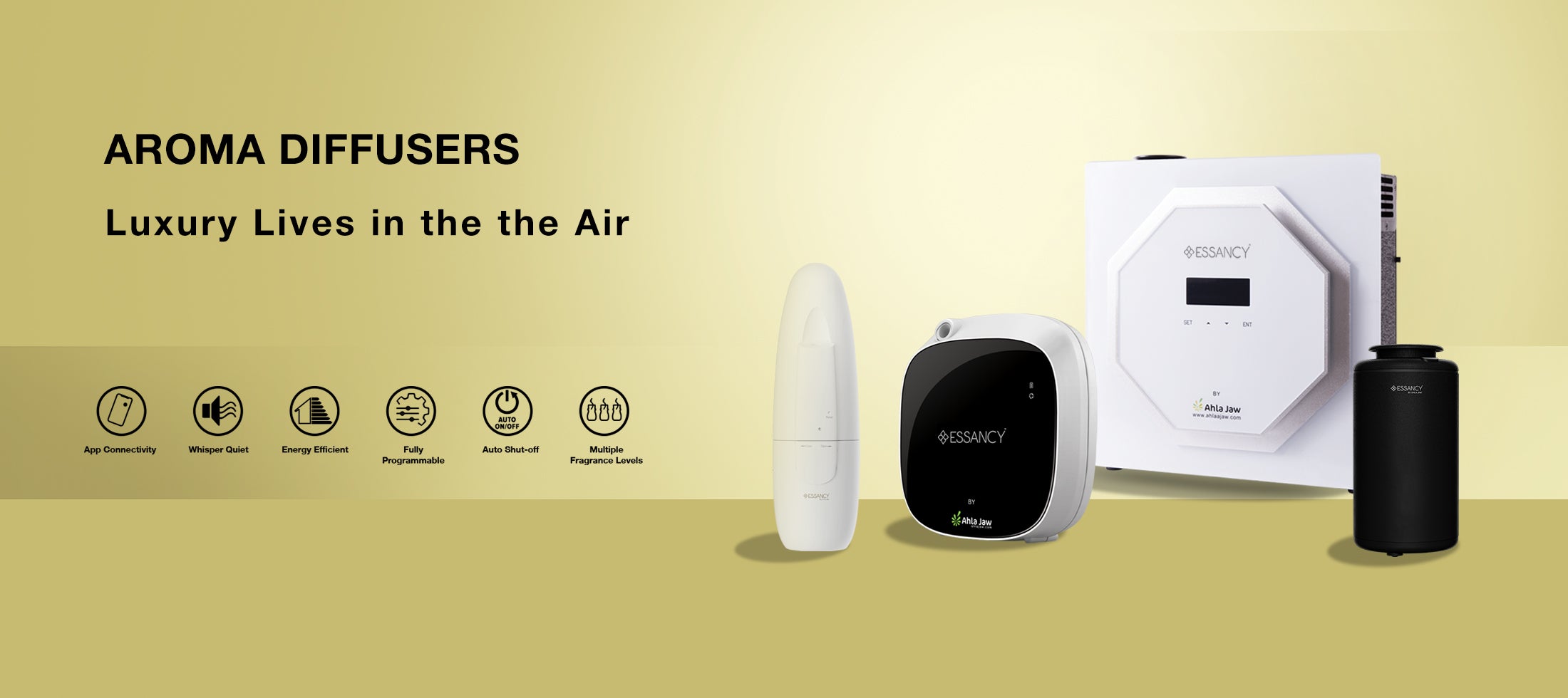 Aroma diffusers on a yellow background with text and icons.