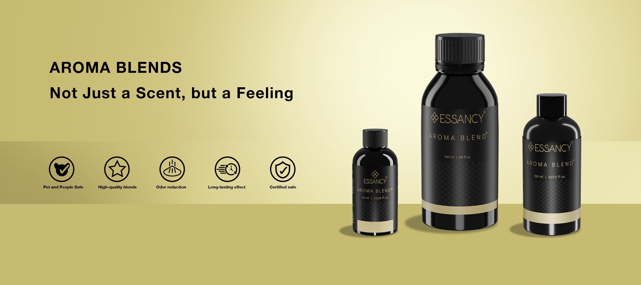 Essancy Aroma Blends bottles on a beige background with branding and product information.
