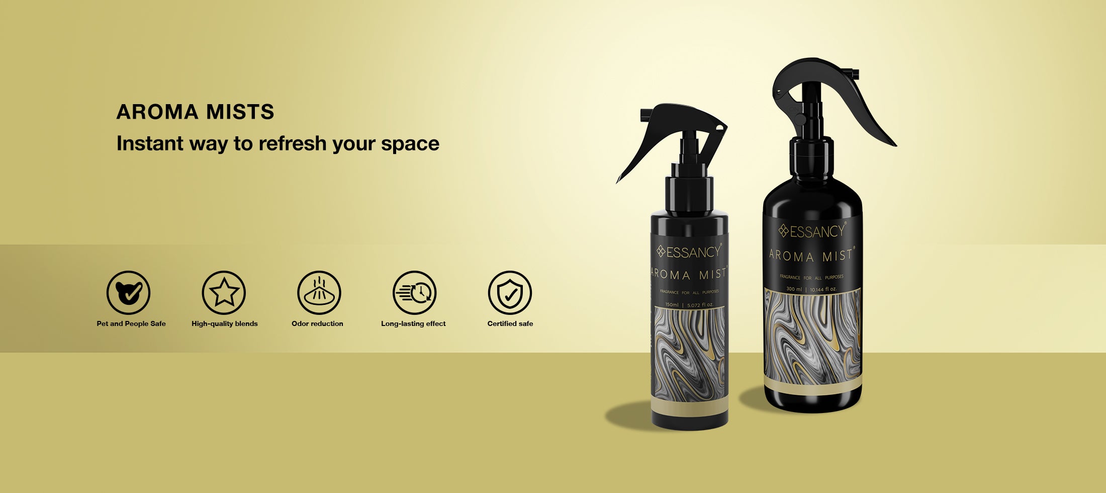 Two aroma mist bottles on a beige background with text about refreshing space.