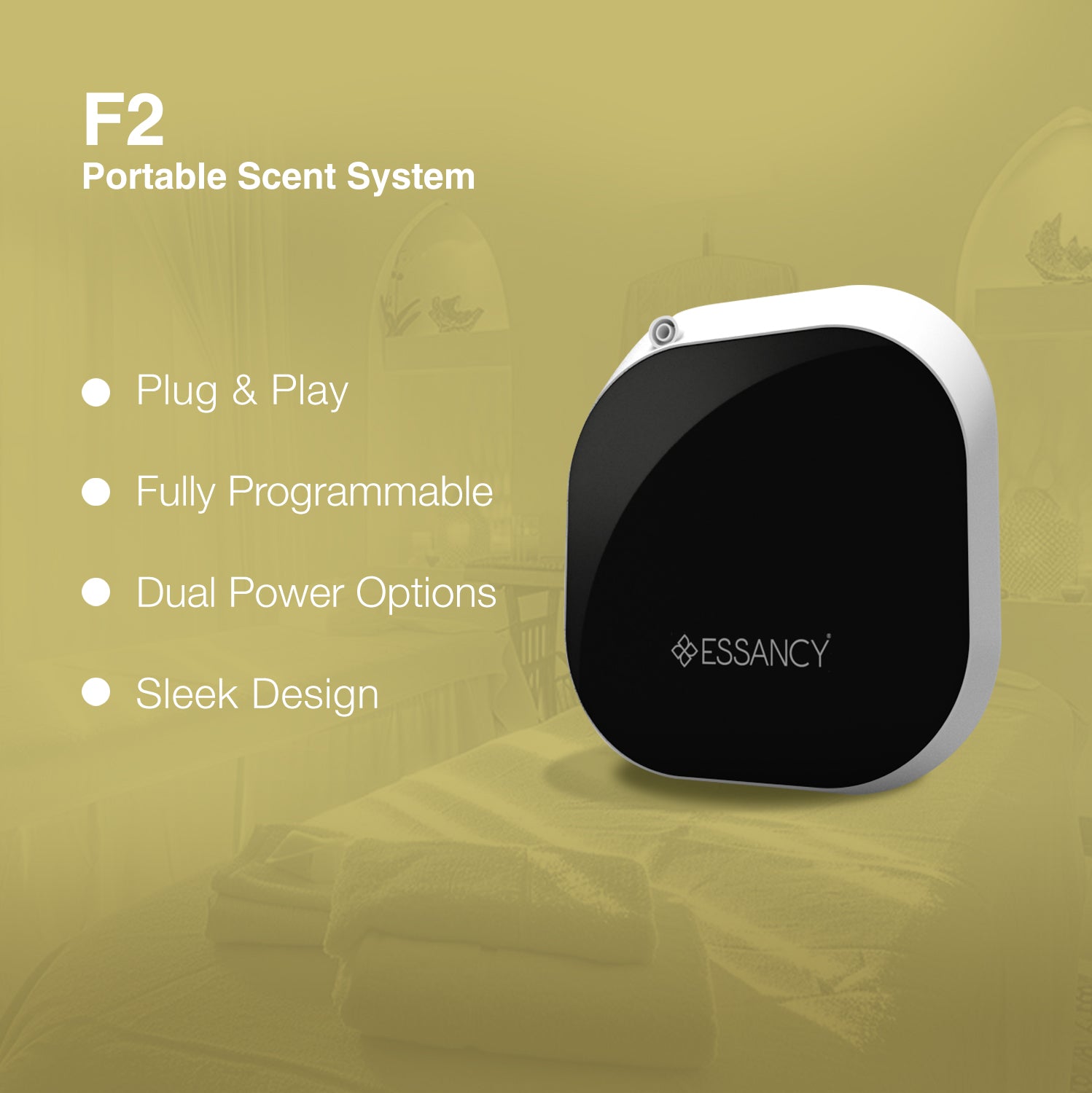 Portable scent system with features listed on a blurred background