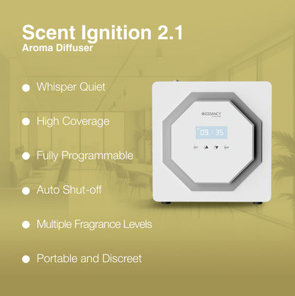 Aroma diffuser with features listed on a green background