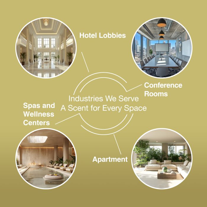 Promotional graphic for a company that serves industries like hotel lobbies, conference rooms, spas, wellness centers, and apartments.