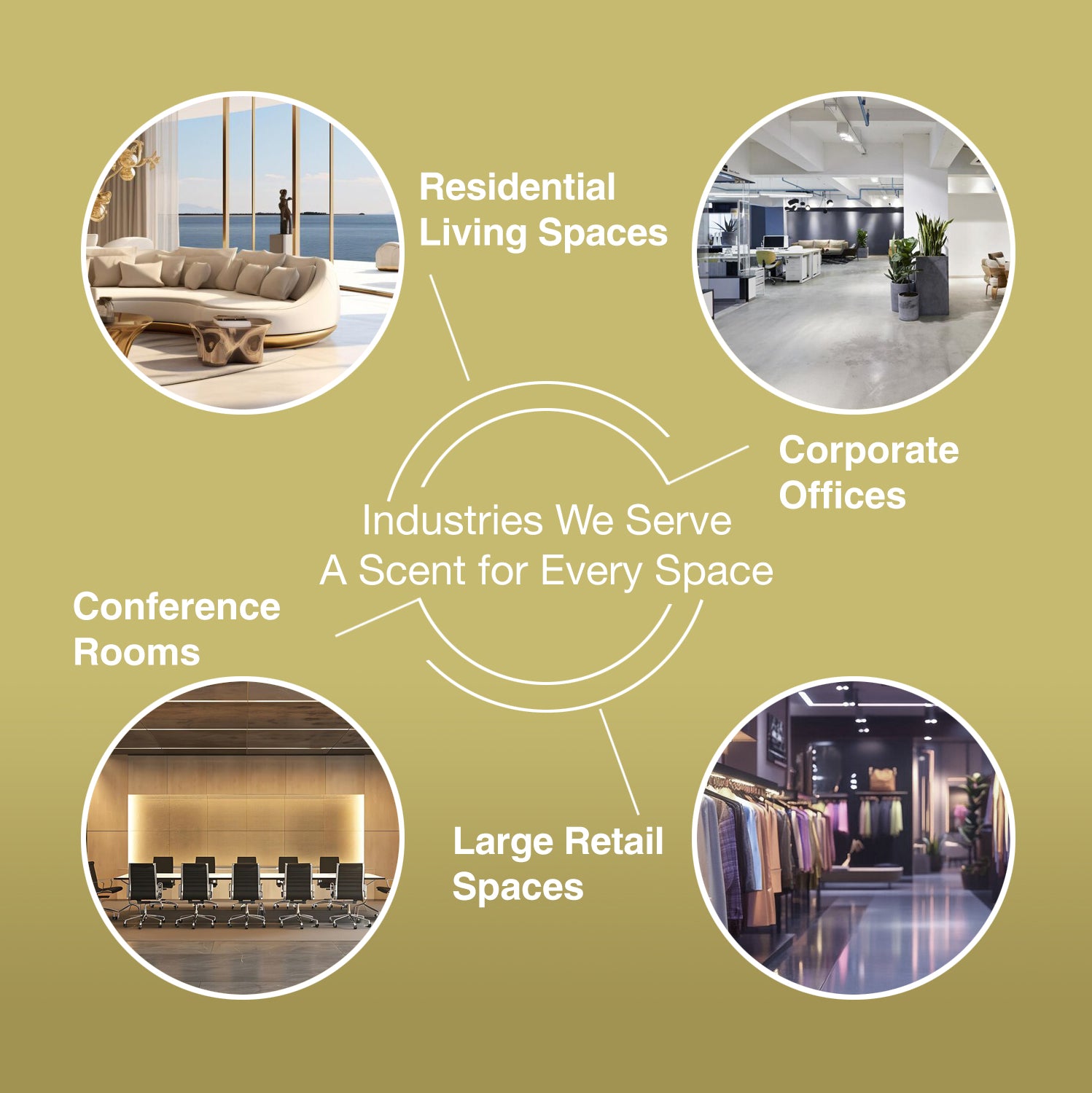 Diagram showing different types of spaces served by a company with images of residential living, corporate offices, conference rooms, and large retail spaces.