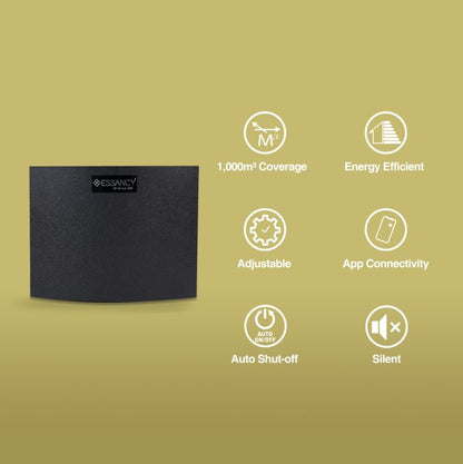 Black air purifier with features listed on a green background