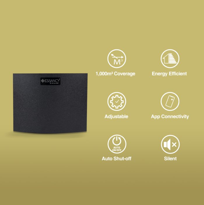 Black air purifier with features listed on a green background