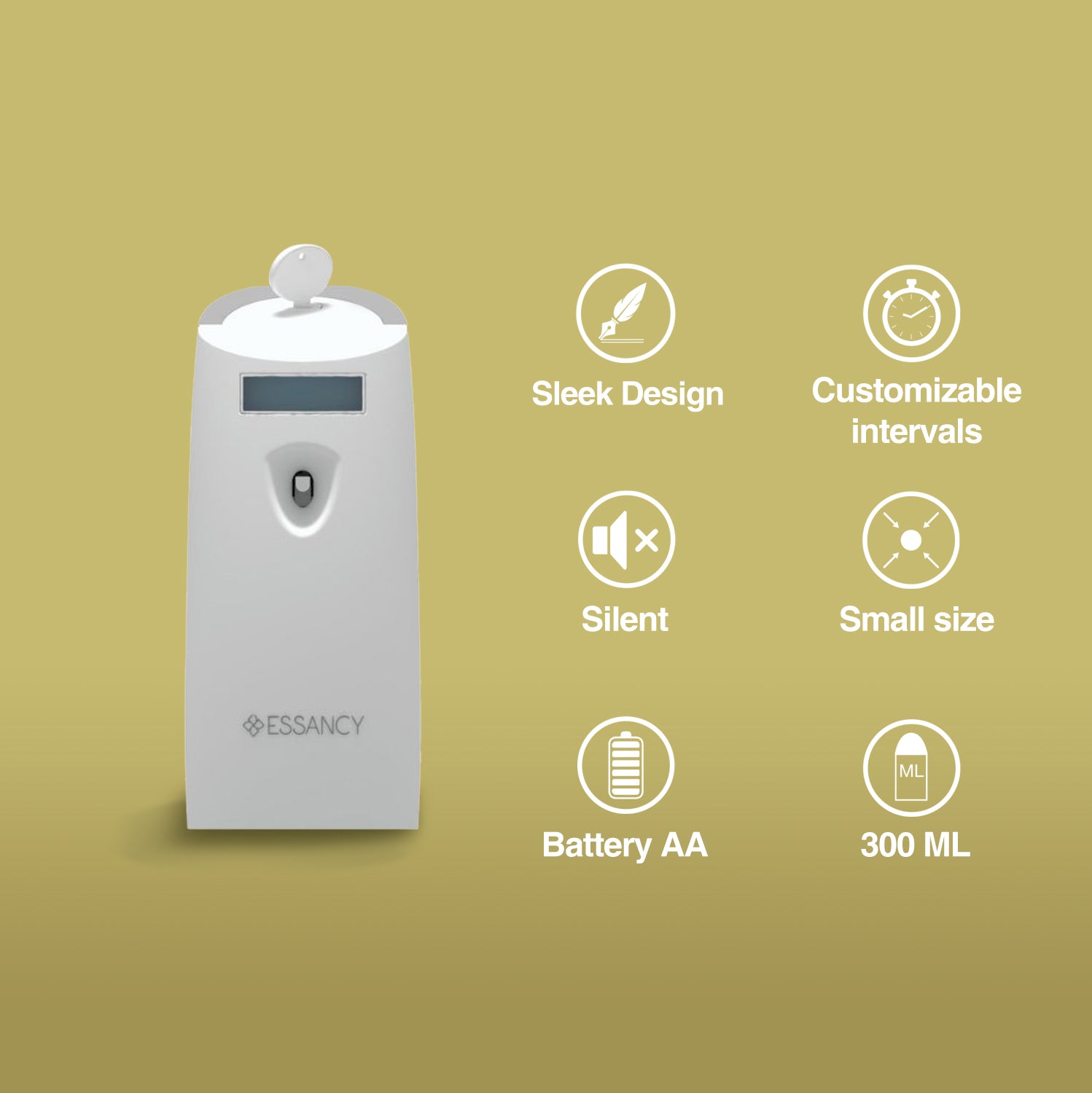 White electronic device with features listed on a green background