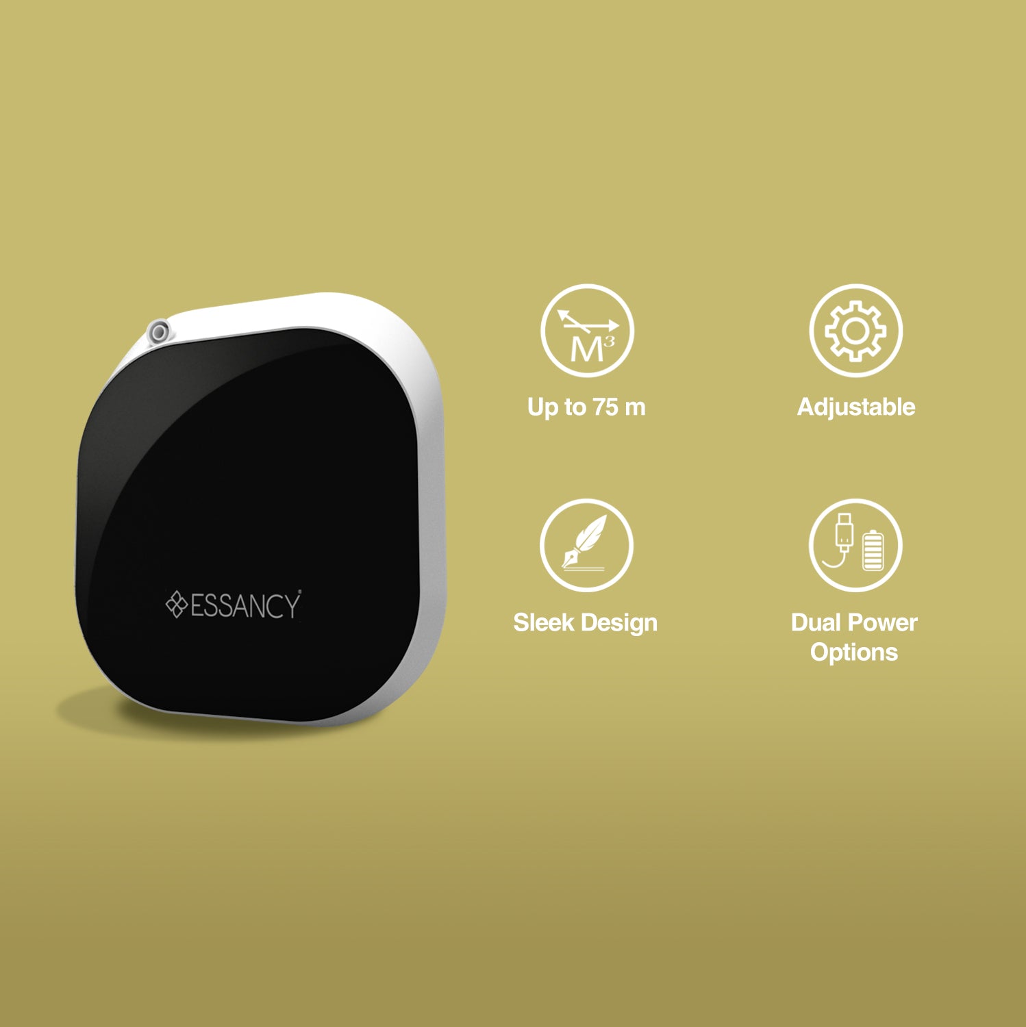 Black electronic device with Essancy branding on a green background