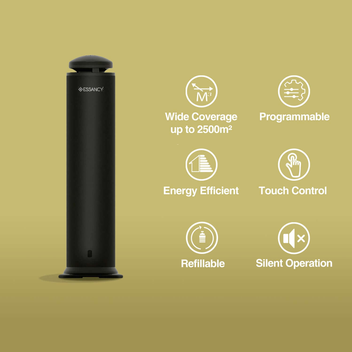 Black cylindrical device with features listed on a green background