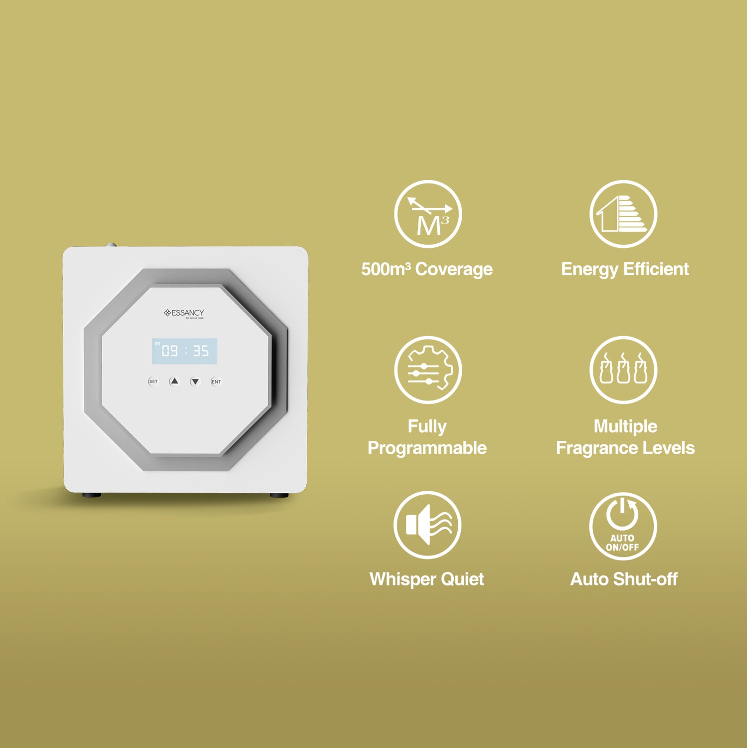 Air purifier with features listed on a green background