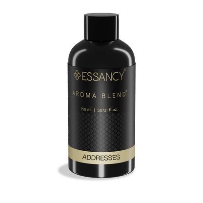 Black bottle of Essancy Aroma Blend Addresses on a white background
