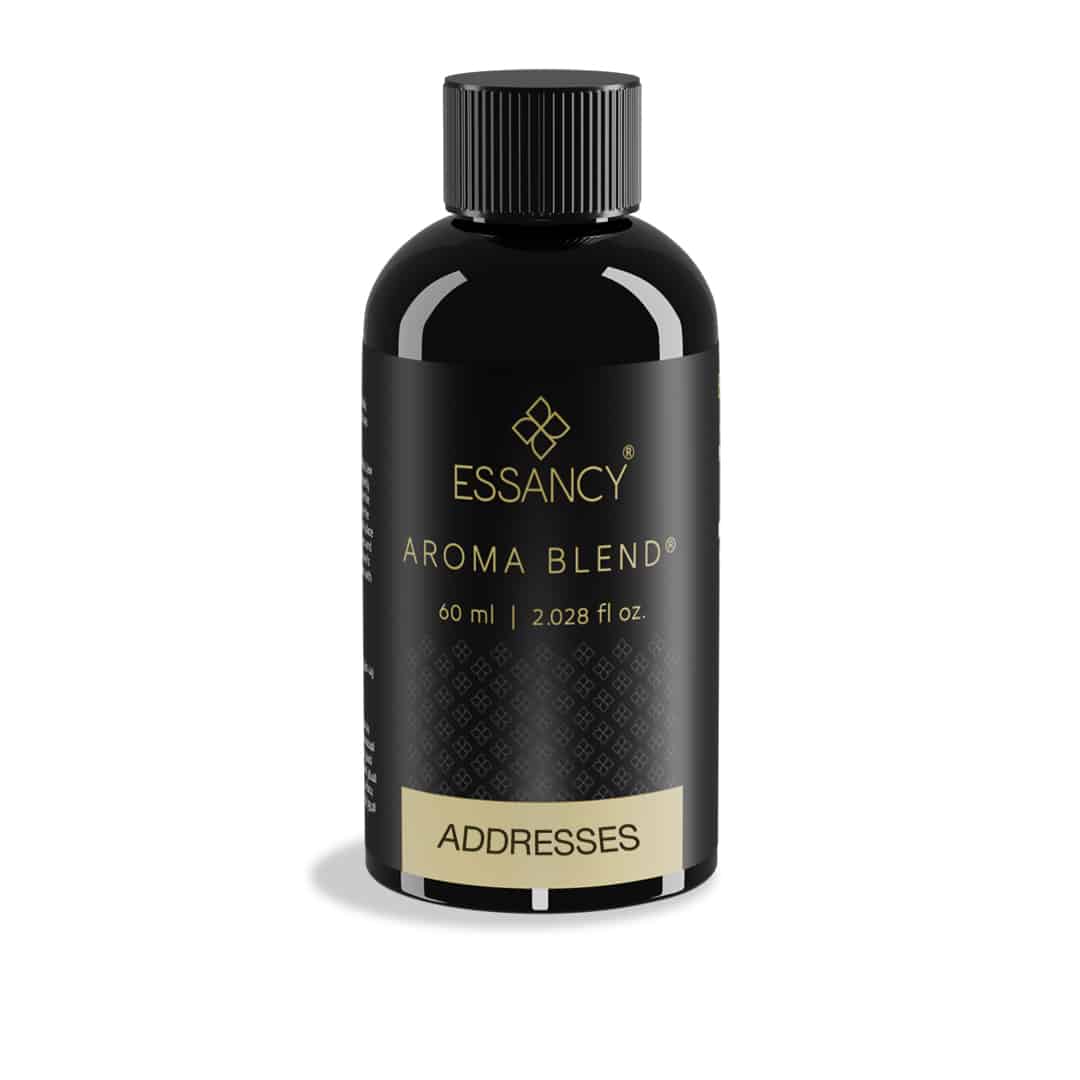 Black bottle of Essancy Aroma Blend on a white background
