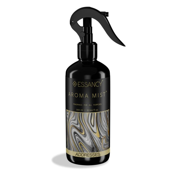 Black spray bottle labeled 'Essancy Aroma Mist' on a white background