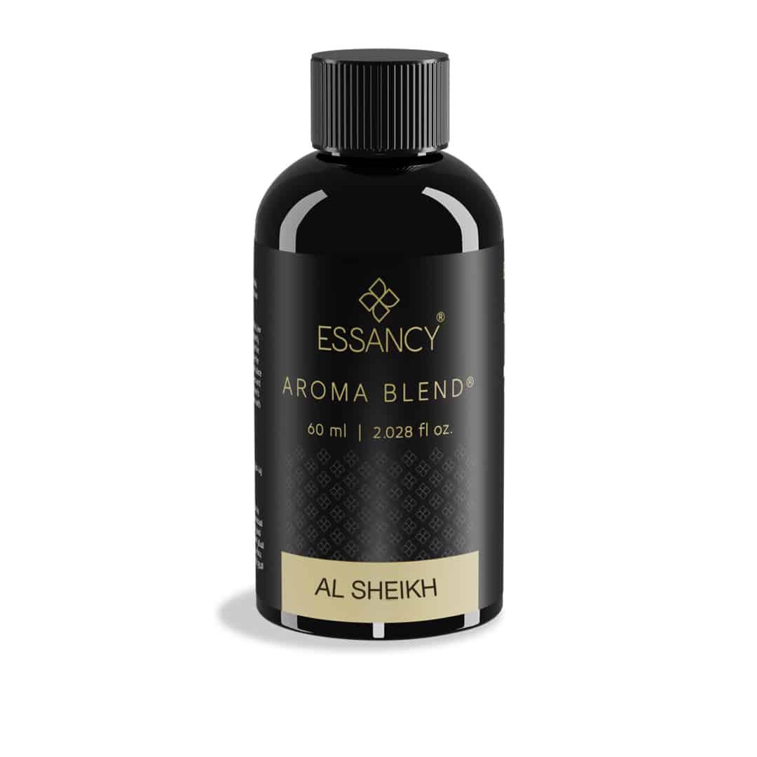 Black bottle of Essancy Aroma Blend Al Sheikh on a white background