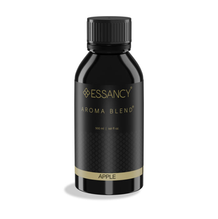 Black bottle of Essancy Aroma Blend Apple on a white background