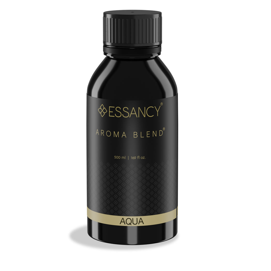 Black bottle of Essancy Aroma Blend Aqua on a white background