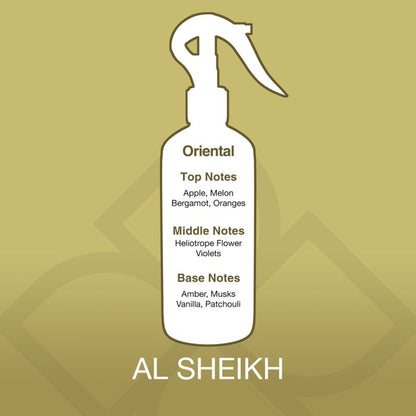 Spray bottle with fragrance notes on a gold background, featuring the brand 'Al Sheikh'.