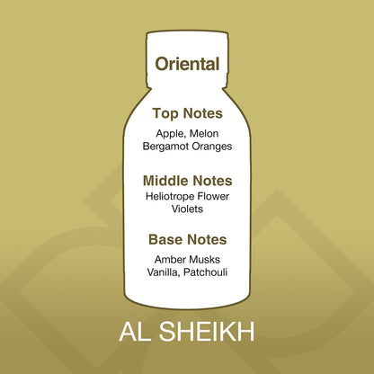 Bottle-shaped label with fragrance notes on a gold background, featuring the brand 'Al Sheikh'.