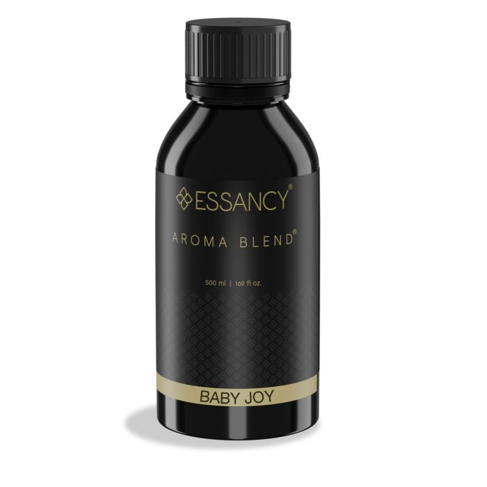 Black bottle of Essancy Aroma Blend Baby Joy on a white background