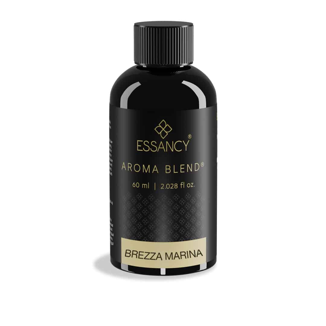 Black bottle of Essancy Aroma Blend Brezza Marina on a white background