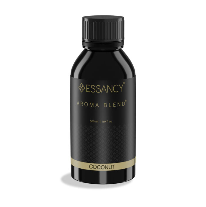 Black bottle of Essancy Coconut Aroma Blend on a white background