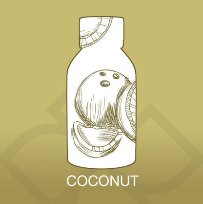 Illustration of a coconut in a bottle on a gold background