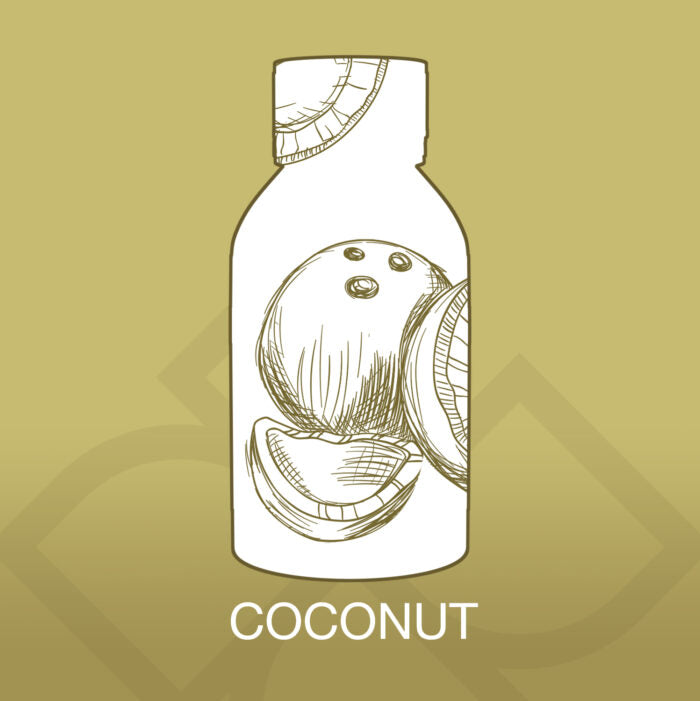 Illustration of a coconut in a bottle on a gold background