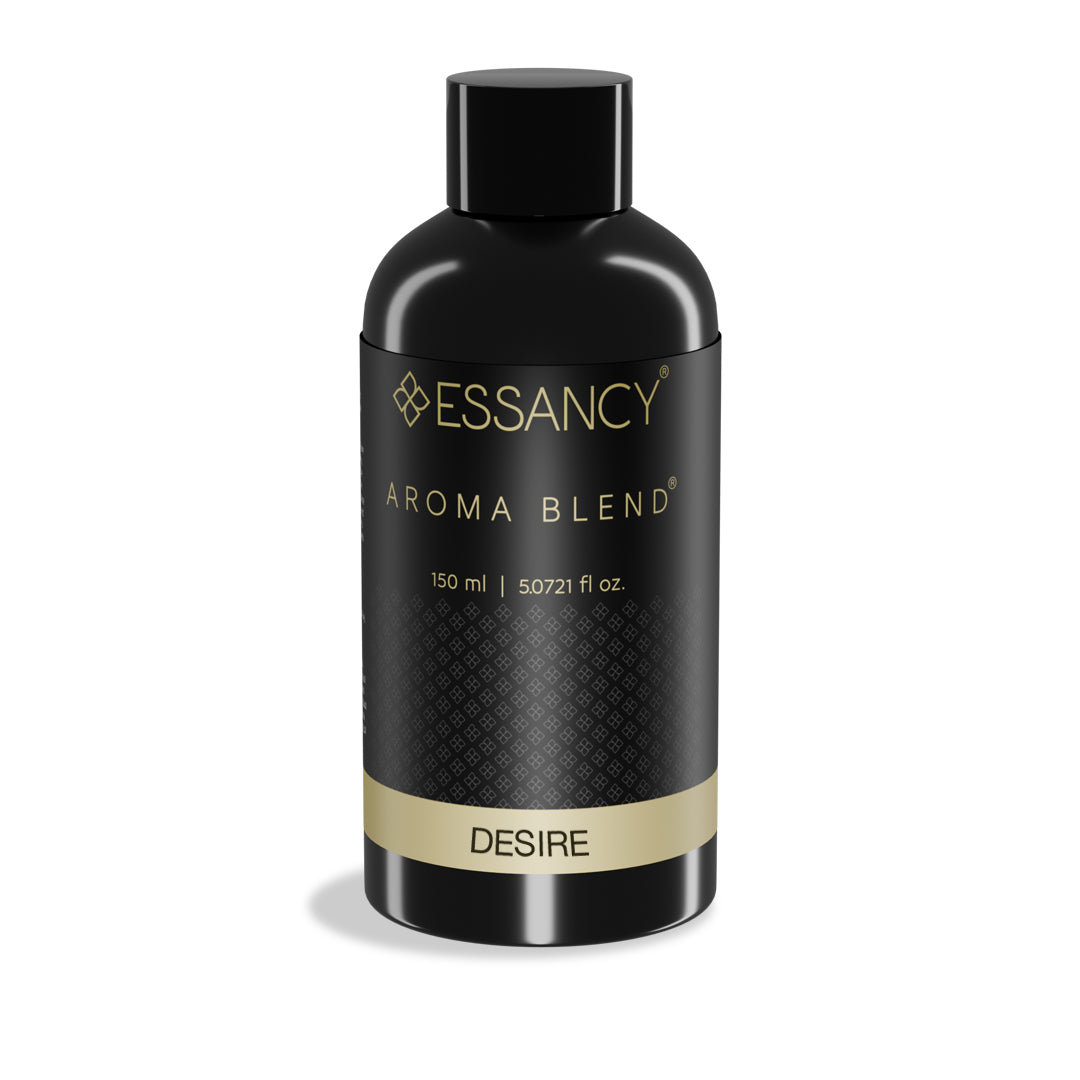 Black bottle of Essancy Aroma Blend Desire on a white background