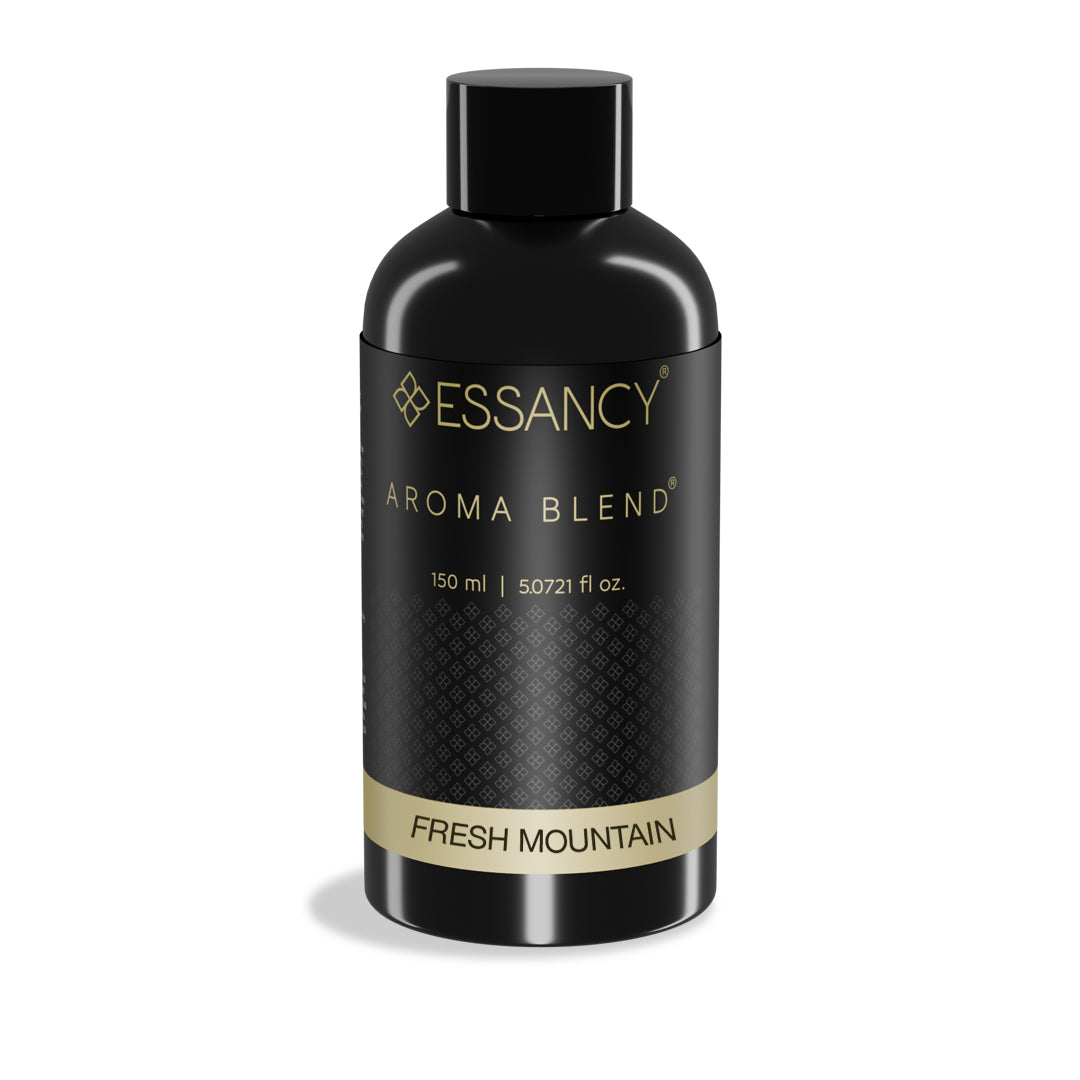 Black bottle of Essancy Aroma Blend Fresh Mountain on a white background
