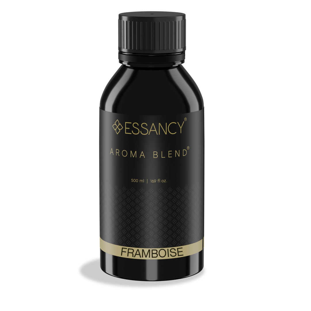 Black bottle of Essancy Aroma Blend Framboise on a white background