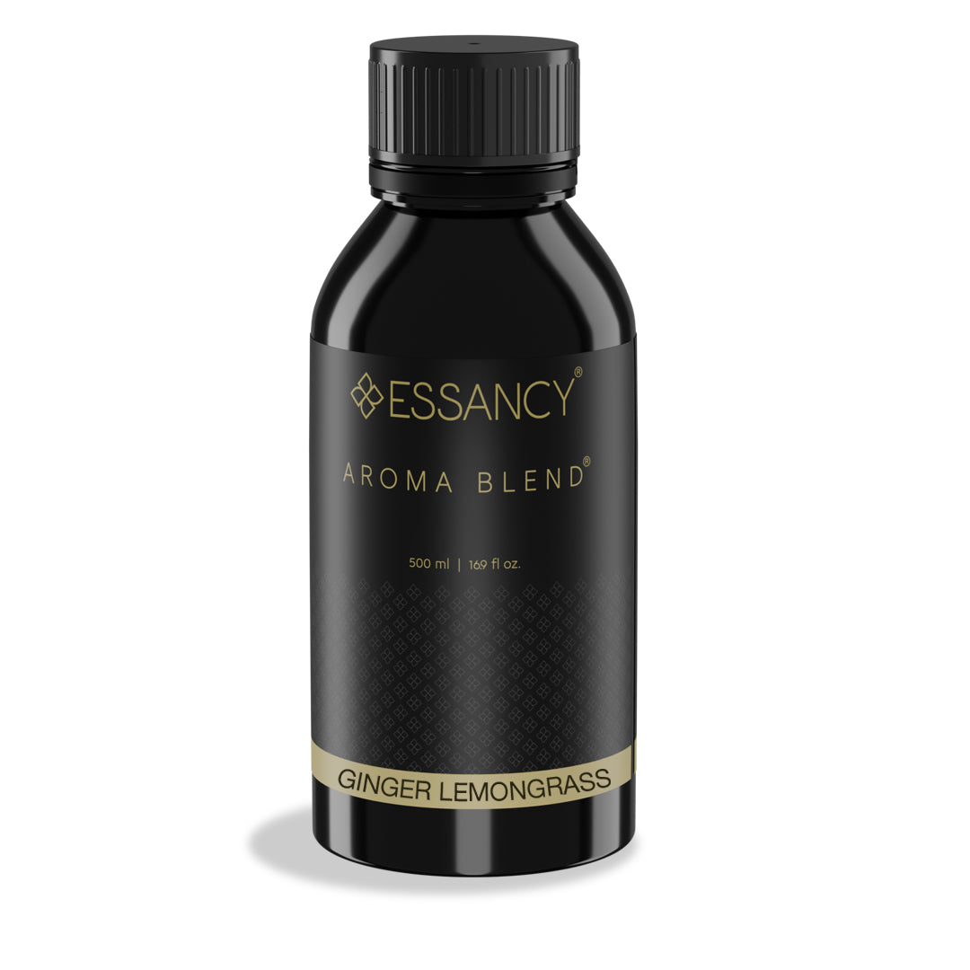 Black bottle of Essancy Aroma Blend Ginger Lemongrass on a white background