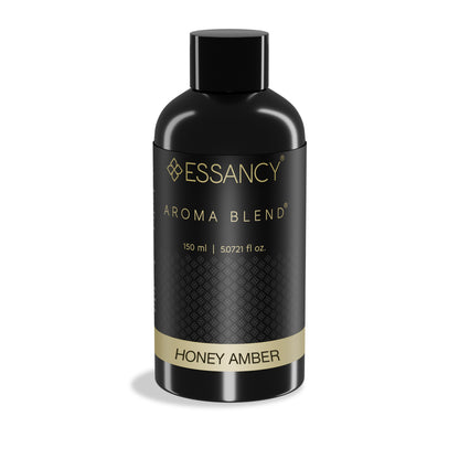 Black bottle of Essancy Aroma Blend Honey Amber on a white background