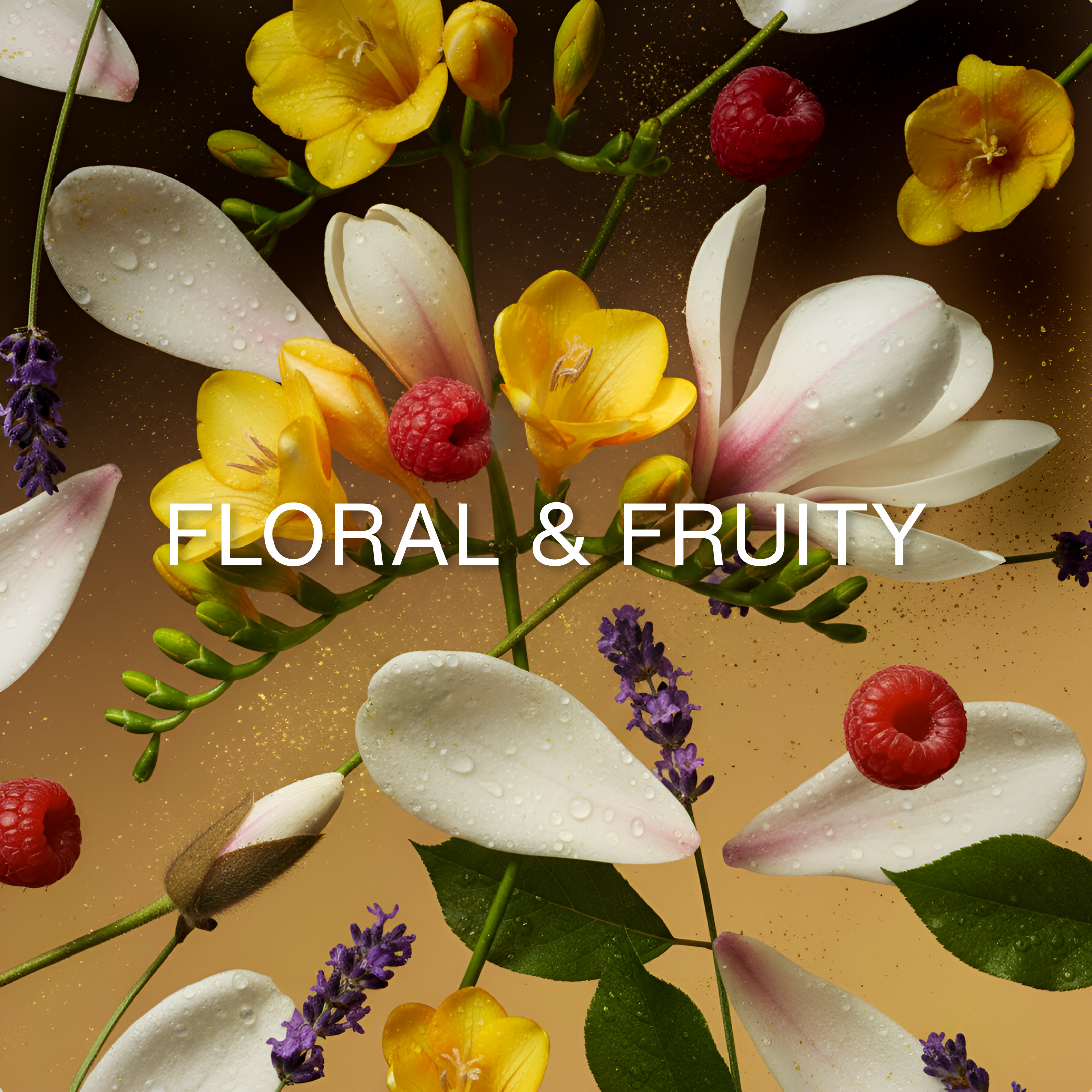 Floral and fruity elements with flowers, raspberries, and lavender on a brown background.