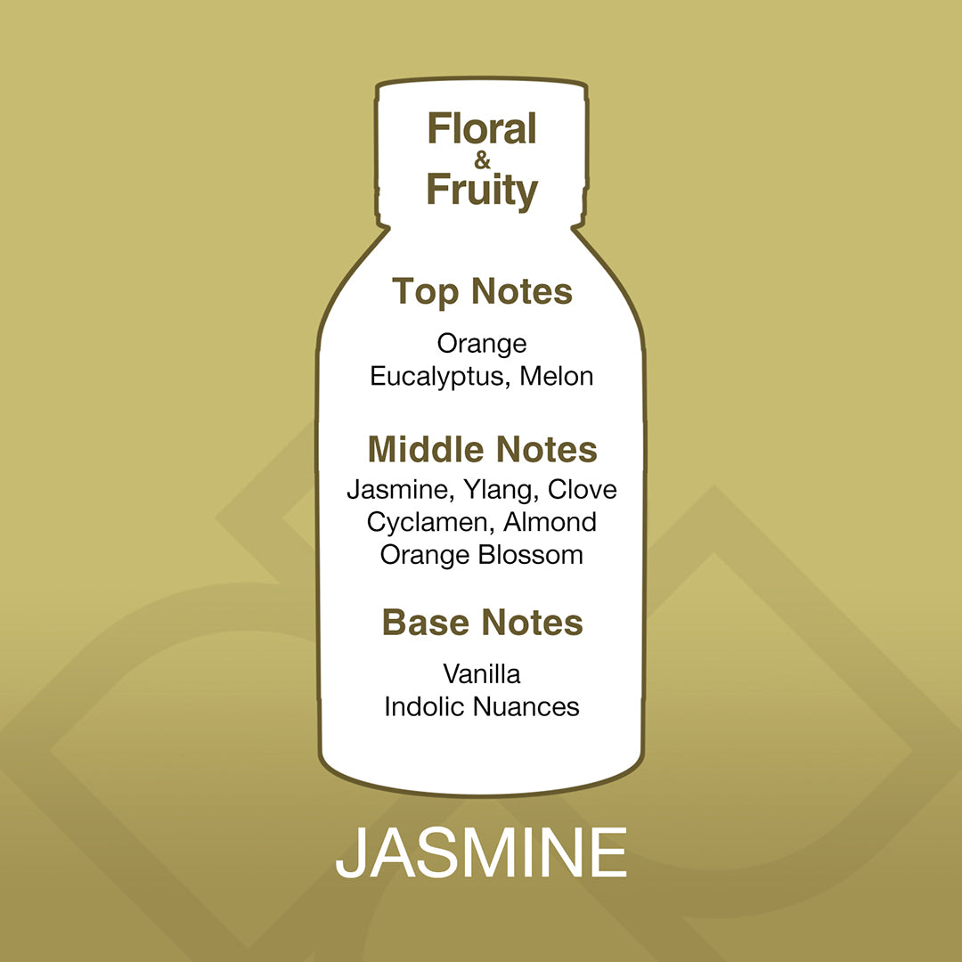 Bottle-shaped label with jasmine fragrance notes on a gold background