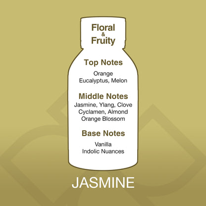 Bottle-shaped label with jasmine fragrance notes on a gold background